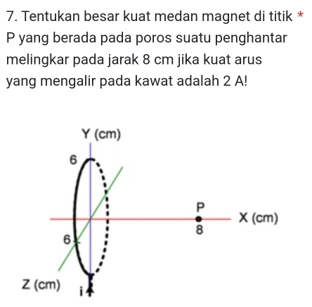 Tentukan besar kuat medan magnet di titik *
P yang berada pada poros suatu penghantar 
melingkar pada jarak 8 cm jika kuat arus 
yang mengalir pada kawat adalah 2 A!