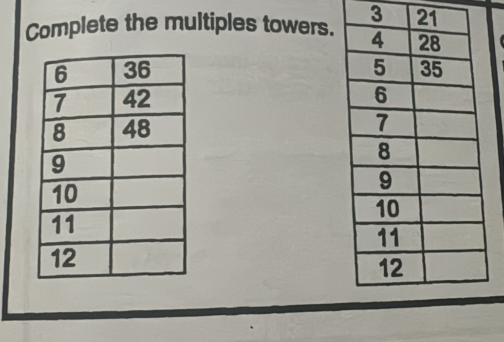 3 21 
Complete the multiples towers.