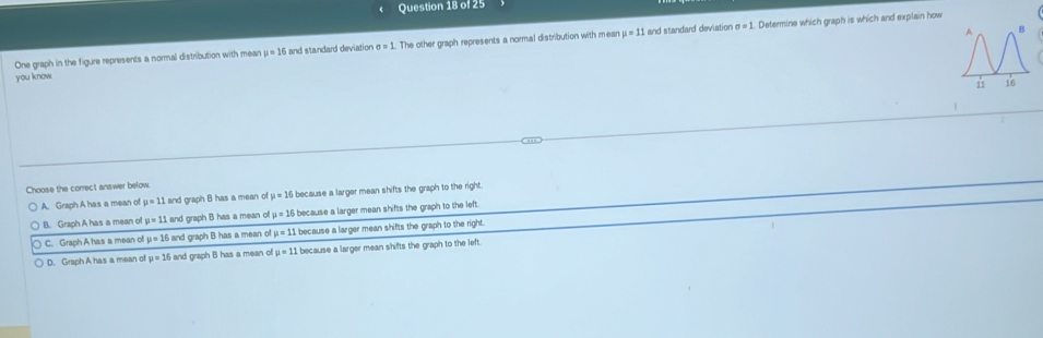One graph in the figure represents a normal distribution with mean mu =16 i and standard deviation . sigma =1 The other graph represents a normal distribution with mean mu =11 and standard deviation sigma =1. Determine which graph is which and explain how
you know.
Choose the correct answer below.
A. Graph A has a mean of mu =11 and graph B has a mean of mu =16 because a larger mean shifts the graph to the right.
B. Graph A has a mean o p=11 , and graph B has a mean of mu =16 because a larger mean shifts the graph to the left.
C. Graph A has a mean of p=16 and graph B has a mean of Imu =11 because a larger mean shifts the graph to the right.
D. Graph A has a mean of mu =16 and graph B has a mean of w=11 because a larger mean shifts the graph to the left.