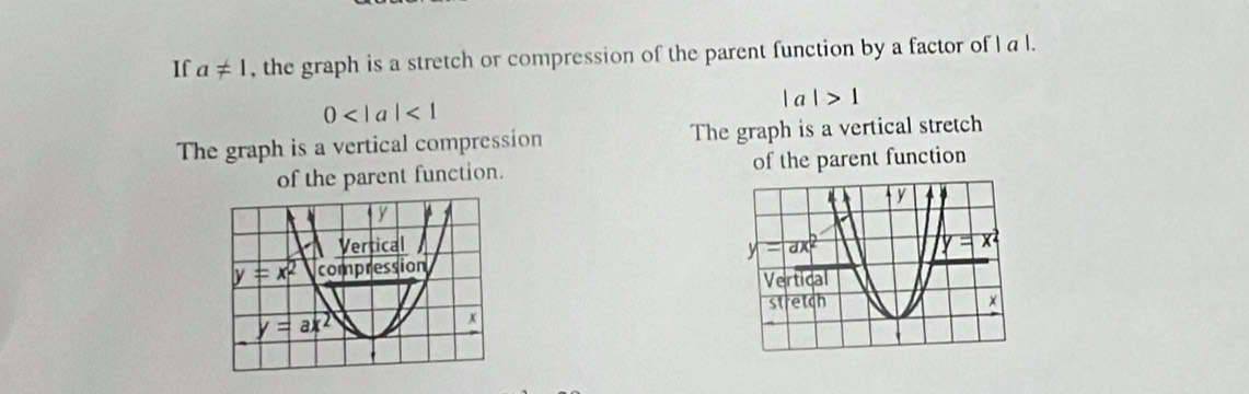 If a!= 1 , the graph is a stretch or compression of the parent function by a factor of I a l.
|a|>1
0 <1</tex>
The graph is a vertical compression The graph is a vertical stretch
of the parent function. of the parent function