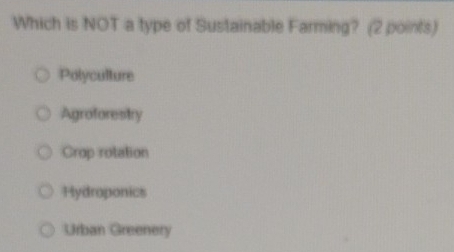 Which is NOT a type of Sustainable Farming? (2 points)
Polyculture
Agroforestry
Crop rotation
Hydroponics
Urban Greenery