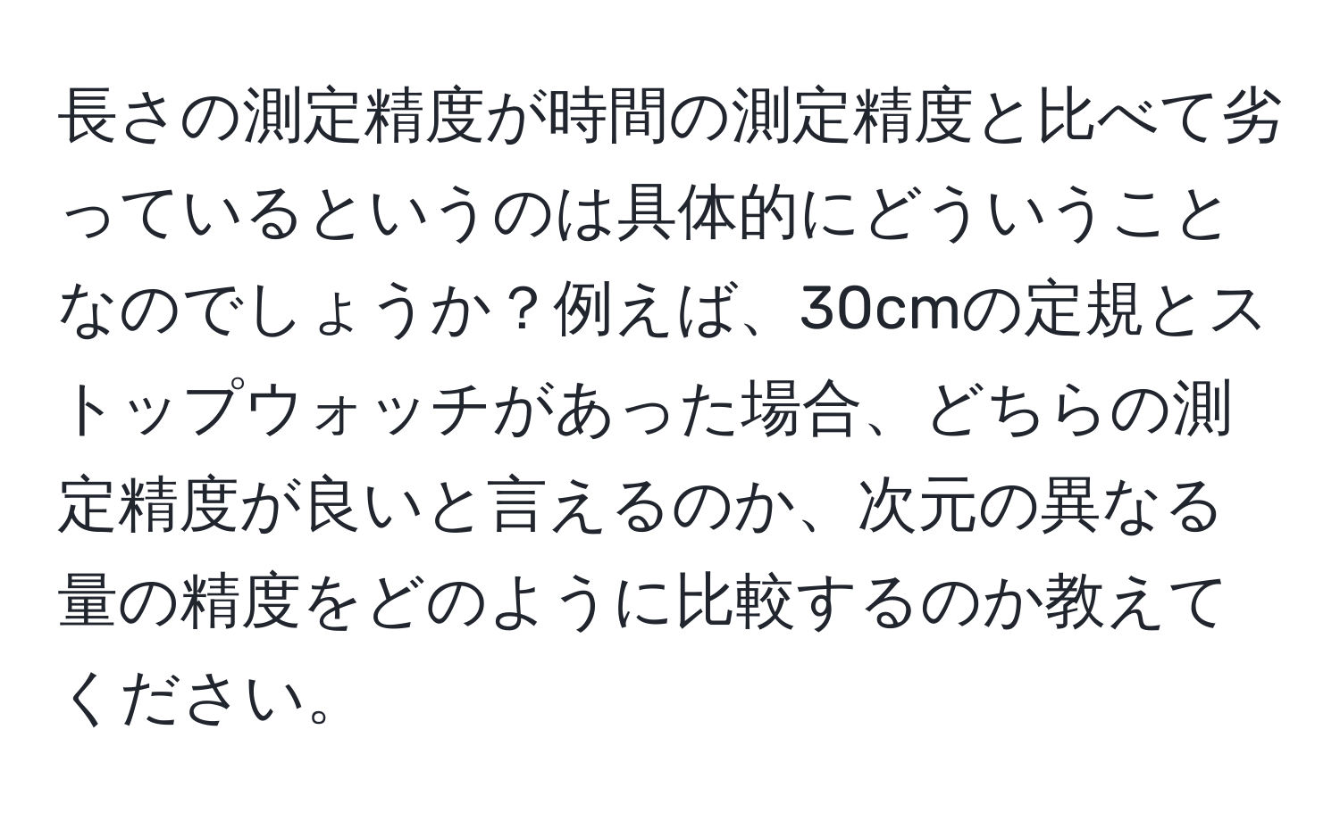 長さの測定精度が時間の測定精度と比べて劣っているというのは具体的にどういうことなのでしょうか？例えば、30cmの定規とストップウォッチがあった場合、どちらの測定精度が良いと言えるのか、次元の異なる量の精度をどのように比較するのか教えてください。