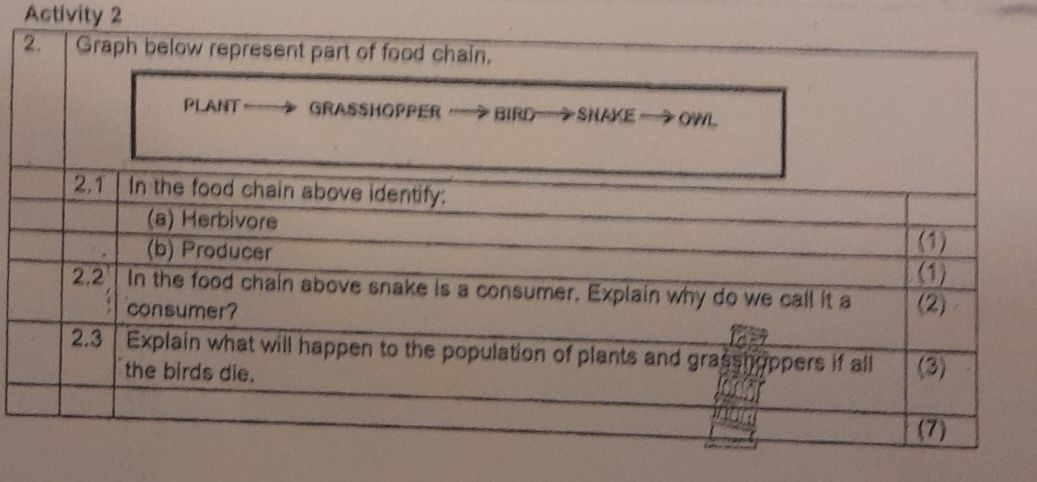 Activity 2 
2. Graph below represent part of food chain. 
PLANT-- GRASSHOPPER * BIRD SNA