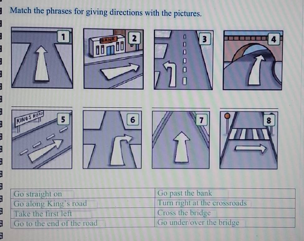 Match the phrases for giving directions with the pictures.
1
BANK 2 3
Go straight on Go past the bank
Go along King's road Turn right at the crossroads
Take the first left Cross the bridge
Go to the end of the road Go under/over the bridge