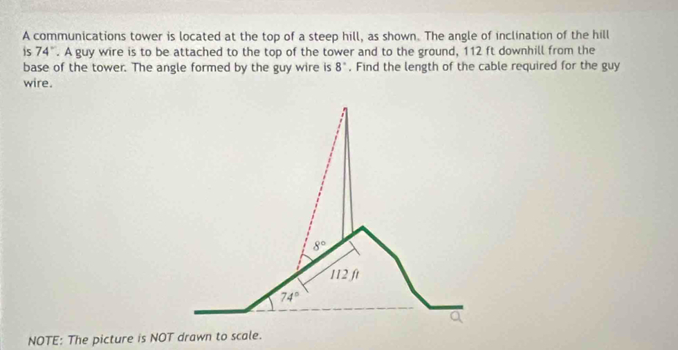 A communications tower is located at the top of a steep hill, as shown. The angle of inclination of the hill 
is 74°. A guy wire is to be attached to the top of the tower and to the ground, 112 ft downhill from the 
base of the tower. The angle formed by the guy wire is 8°. Find the length of the cable required for the guy 
wire.
8°
112 ft
74°
NOTE: The picture is NOT drawn to scale.