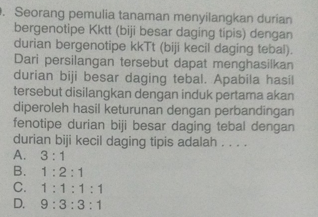 Seorang pemulia tanaman menyilangkan durian
bergenotipe Kktt (biji besar daging tipis) dengan
durian bergenotipe kkTt (biji kecil daging tebal).
Dari persilangan tersebut dapat menghasilkan
durian biji besar daging tebal. Apabila hasil
tersebut disilangkan dengan induk pertama akan
diperoleh hasil keturunan dengan perbandingan
fenotipe durian biji besar daging tebal dengan
durian biji kecil daging tipis adalah . . . .
A. 3:1
B. 1:2:1
C. 1:1:1:1
D. 9:3:3:1