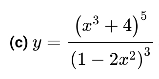 y=frac (x^3+4)^5(1-2x^2)^3