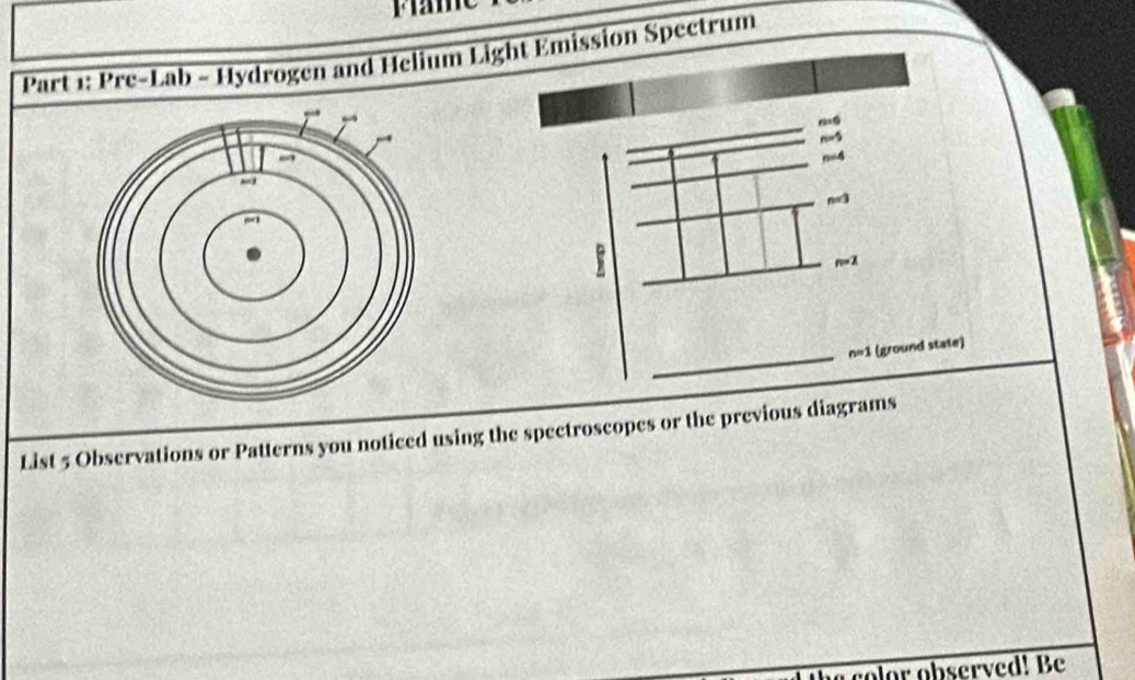 Fame
* Part 1: Pre-Lab - Hydrogen and Helium Light Emission Spectrum
n=6
n-5
n-4
n=3
n=2
n=1 (ground state)
List 5 Observations or Patterns you noticed using the spectroscopes or the previous diagrams
so lr observed! Be