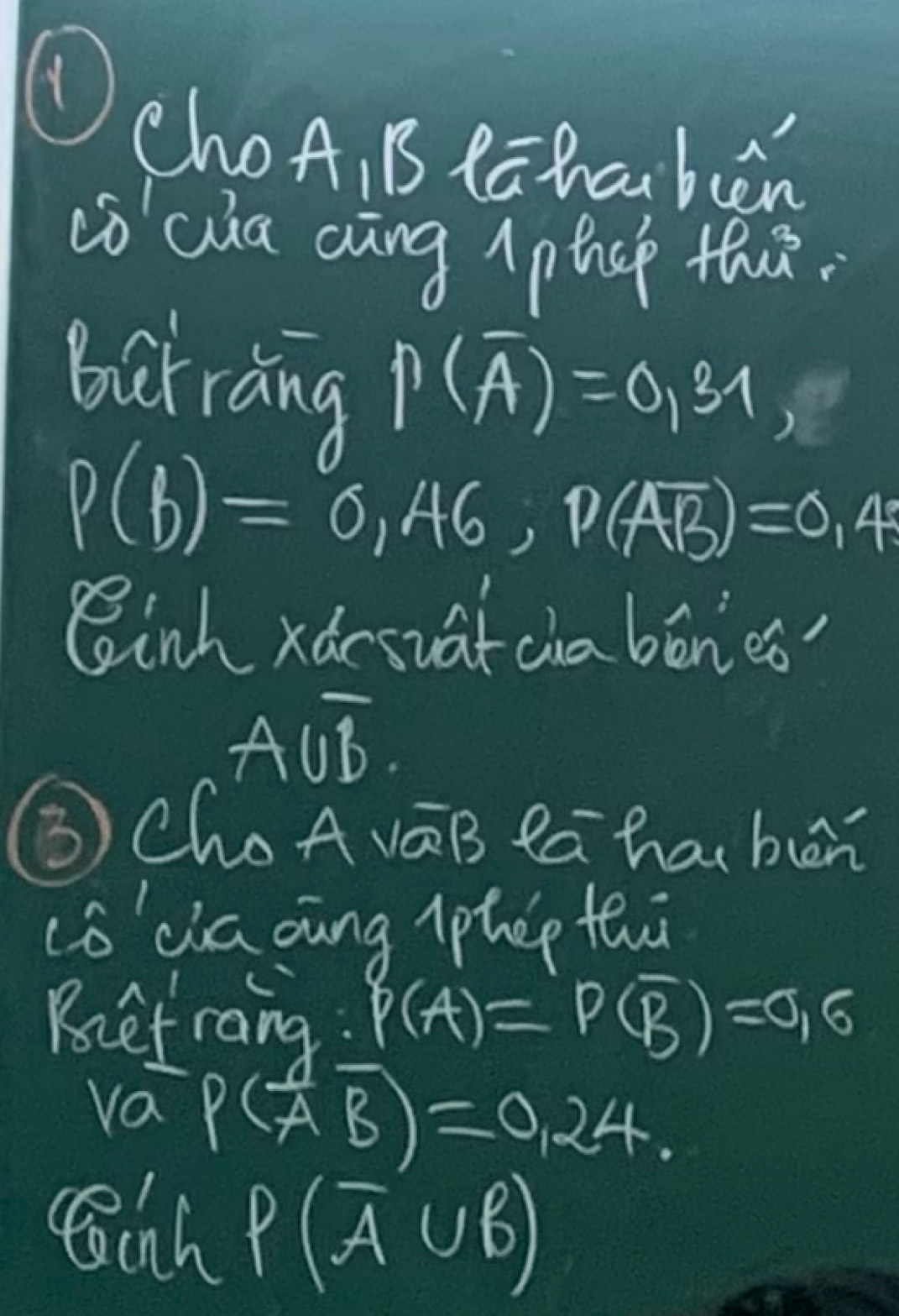 (1 ) 
ChoA, B Ychaibn 
cǒ aha aāng pehep th. 
barrang p(overline A)=0.31,
P(b)=0,A6, P(Aoverline B)=0,45
Cinh xarsuatciabones?
Aoverline A
③ChoAváB Ra hai bān 
cs'cia oung (phep ti 
Betraing: p(A)=p(overline B)=0,6
va P(overline Aoverline B)=0.24. 
inh P(overline A∪ B)