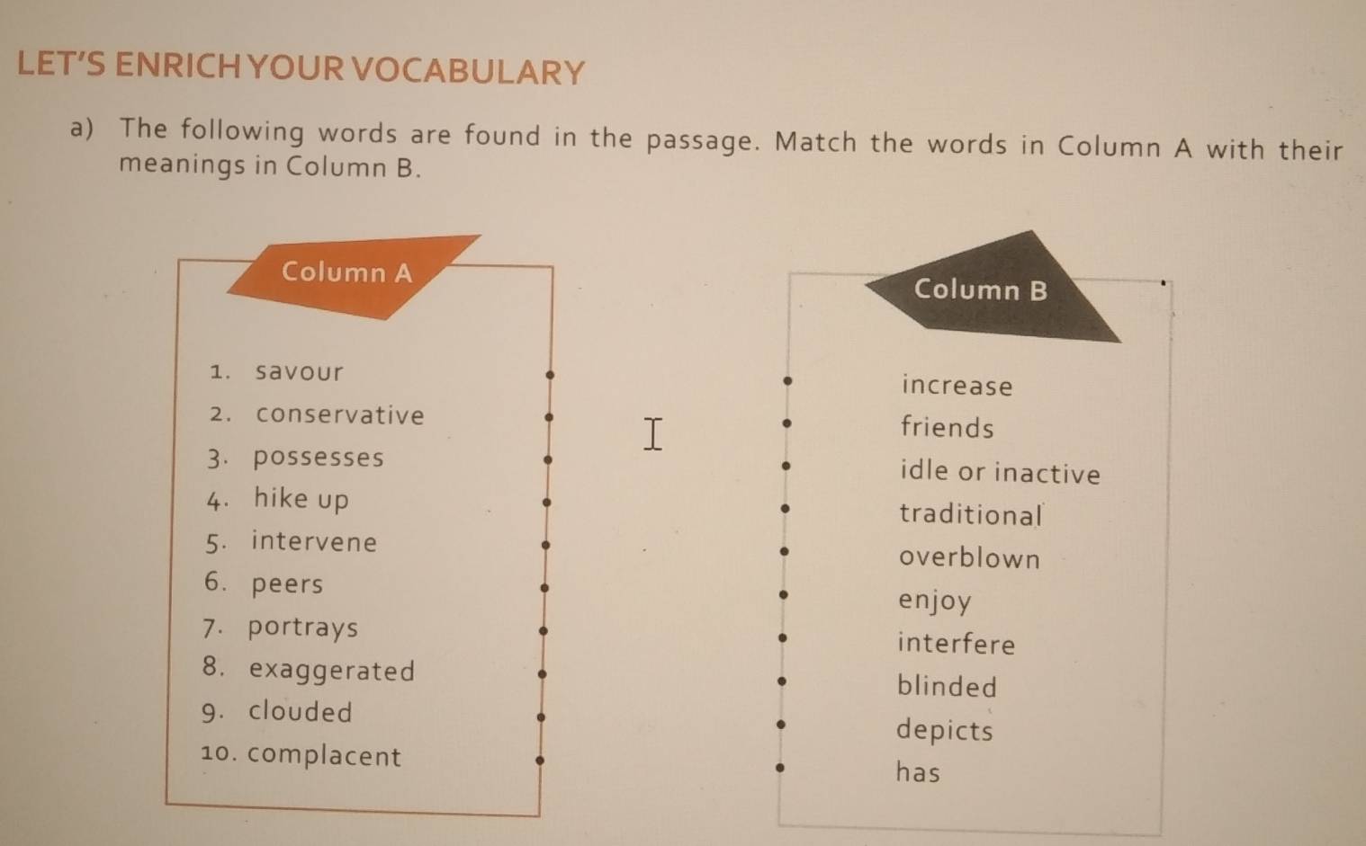 LET’S ENRICH YOUR VOCABULARY 
a) The following words are found in the passage. Match the words in Column A with their 
meanings in Column B. 
Column A Column B 
1. savour increase 
2. conservative friends 
3. possesses idle or inactive 
4. hike up traditional 
5. intervene overblown 
6. peers enjoy 
7. portrays interfere 
8. exaggerated blinded 
9. clouded depicts 
10. complacent 
has