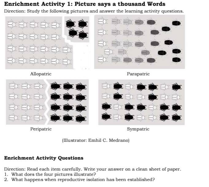 Enrichment Activity 1: Picture says a thousand Words
Direction: Study the following pictures and answer the learning activity questions.
Allopatric Parapatric
Peripatric Sympatric
(Illustrator: Emhil C. Medrano)
Enrichment Activity Questions
Direction: Read each item carefully. Write your answer on a clean sheet of paper.
1. What does the four pictures illustrate?
2. What happens when reproductive isolation has been established?