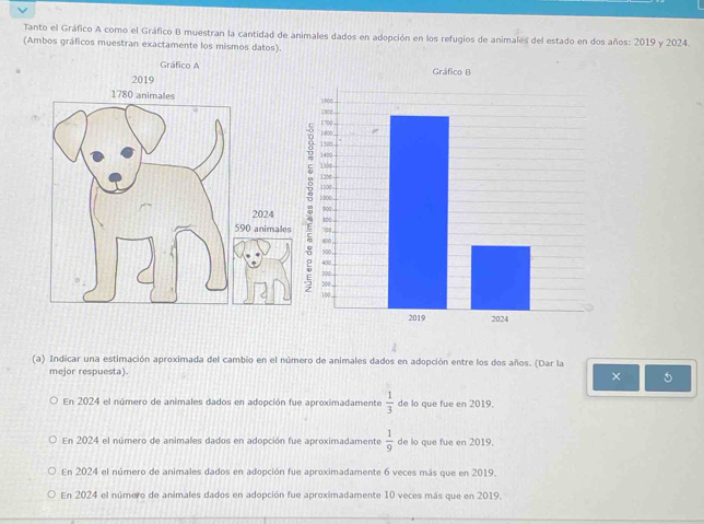 Tanto el Gráfico A como el Gráfico B muestran la cantidad de animales dados en adopción en los refugios de animales del estado en dos años: 2019 y 2024.
(Ambos gráficos muestran exactamente los mismos datos).
Gráfico A
(a) Indicar una estimación aproximada del cambio en el número de animales dados en adopción entre los dos años. (Dar la
mejor respuesta).
× 5
En 2024 el número de animales dados en adopción fue aproximadamente  1/3  de lo que fue en 2019.
En 2024 el número de animales dados en adopción fue aproximadamente  1/9  de lo que fue en 2019.
En 2024 el número de animales dados en adopción fue aproximadamente 6 veces más que en 2019.
En 2024 el número de animales dados en adopción fue aproximadamente 10 veces más que en 2019.