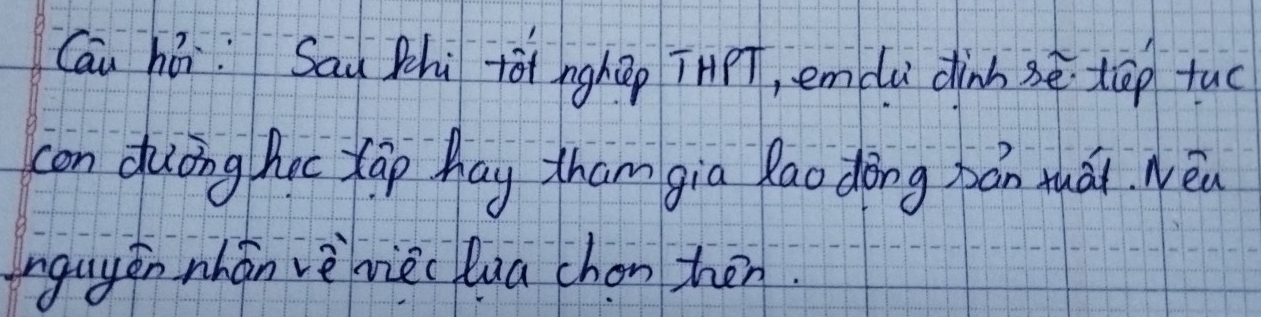 Cau há Sau Zhù tài nghāo THpT, emdu dinn sè tāp tuo 
con ducng hic lap hay tham gia Rao dōng bán muài. Nèn 
inguyán nhán vè vièc lua chon hen.