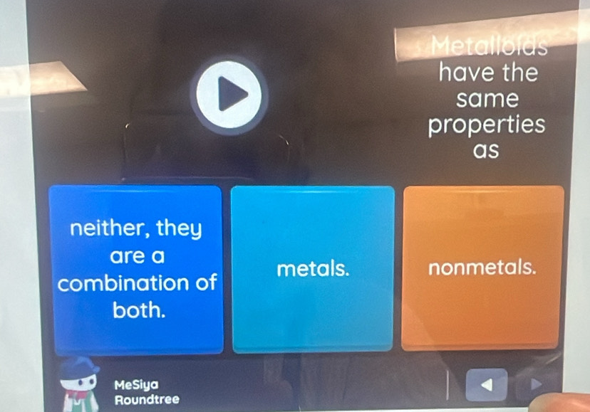 Metallolds
have the
same
properties
as
neither, they
are a
combination of metals.
nonmetals.
both.
MeSiya
Roundtree