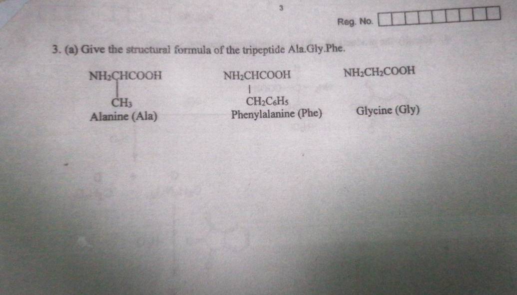 Reg. No.
3. (a) Give the structural formula of the tripeptide Ala.Gly.Phe.
NH_2CHCOOH
NH_2CHCOOH NH_2CH_2COOH
dot CH_3
CH_2C_6H_5
Alanine (Ala) Phenylalanine (Phe) Glycine (Gly)