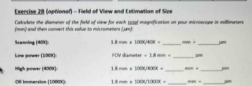 Solved: (optional) - Field of View and Estimation of Size Calculate the ...