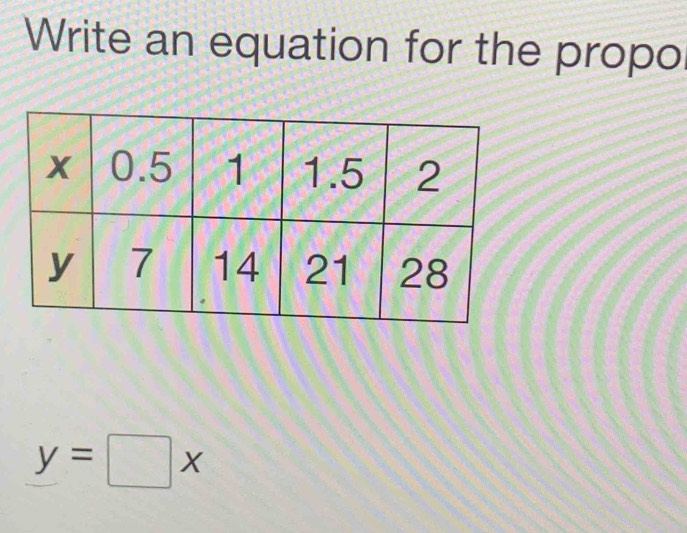 Write an equation for the propo
y=□ x