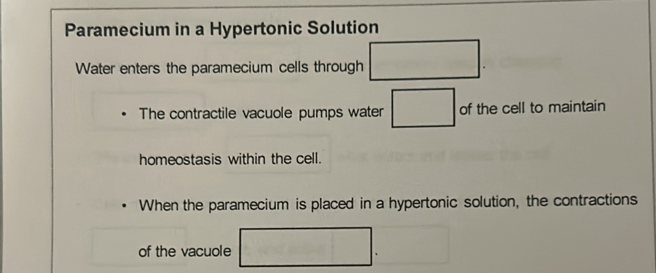 Paramecium in a Hypertonic Solution 
Water enters the paramecium cells through □. 
The contractile vacuole pumps water □ of the cell to maintain 
homeostasis within the cell. 
When the paramecium is placed in a hypertonic solution, the contractions 
of the vacuole □. □ 