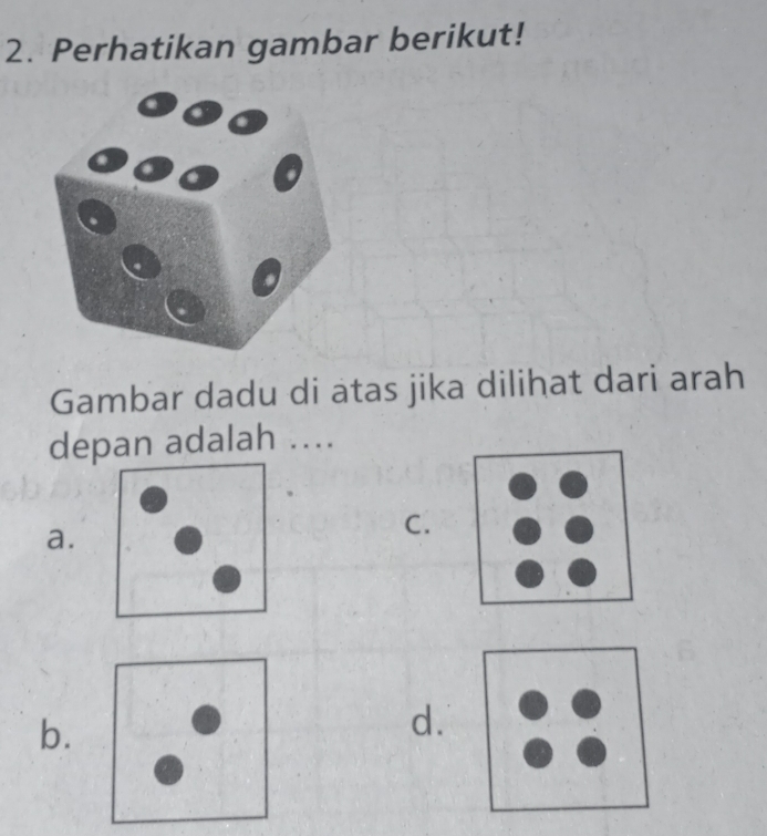 Perhatikan gambar berikut!
Gambar dadu di atas jika dilihat dari arah
depan adalah ....
a.
C.
b.
d.