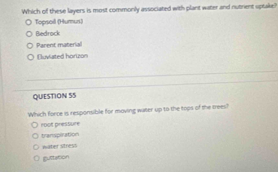 Which of these layers is most commonly associated with plant water and nutrient uptake?
Topsoil (Humus)
Bedrock
Parent material
Eluviated horizon
_
_
QUESTION S5
Which force is responsible for moving water up to the tops of the trees?
root pressure
transpiration
water stress
guttation