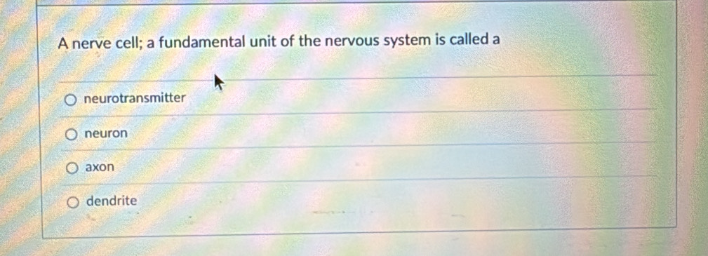 A nerve cell; a fundamental unit of the nervous system is called a
neurotransmitter
neuron
axon
dendrite