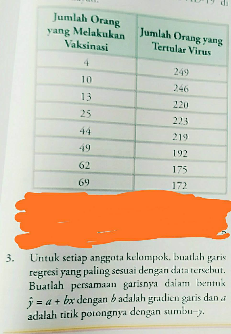 di 
g 
3. Untuk setiap anggota kelompok, buatlah garis 
regresi yang paling sesuai dengan data tersebut. 
Buatlah persamaan garisnya dalam bentuk
hat y=a+bx dengan 6 adalah gradien garis dan a
adalah titik potongnya dengan sumbu-- y.