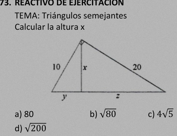 REACTIVO DE EJERCITACIÓN
TEMA: Triángulos semejantes
Calcular la altura x
a) 80 b) sqrt(80) c) 4sqrt(5)
d) sqrt(200)