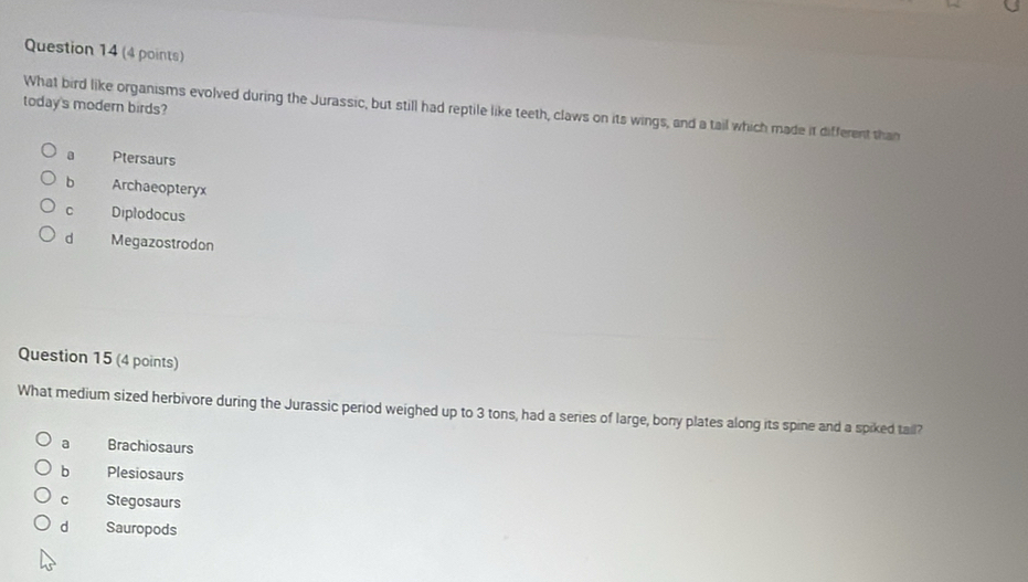 today's modern birds?
What bird like organisms evolved during the Jurassic, but still had reptile like teeth, claws on its wings, and a tail which made it different than
a Ptersaurs
b Archaeopteryx
C Diplodocus
d Megazostrodon
Question 15 (4 points)
What medium sized herbivore during the Jurassic period weighed up to 3 tons, had a series of large, bony plates along its spine and a spiked tail?
a Brachiosaurs
b Plesiosaurs
C Stegosaurs
d Sauropods