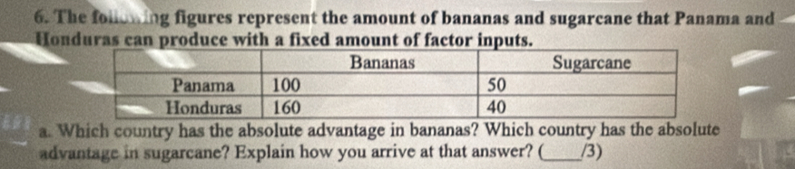 The folloming figures represent the amount of bananas and sugarcane that Panama and 
Honduras can produce with a fixed amount of factor inputs. 
a. Which country has the absolute advantage in bananas? Which country has the absolute 
advantage in sugarcane? Explain how you arrive at that answer? (_ /3)