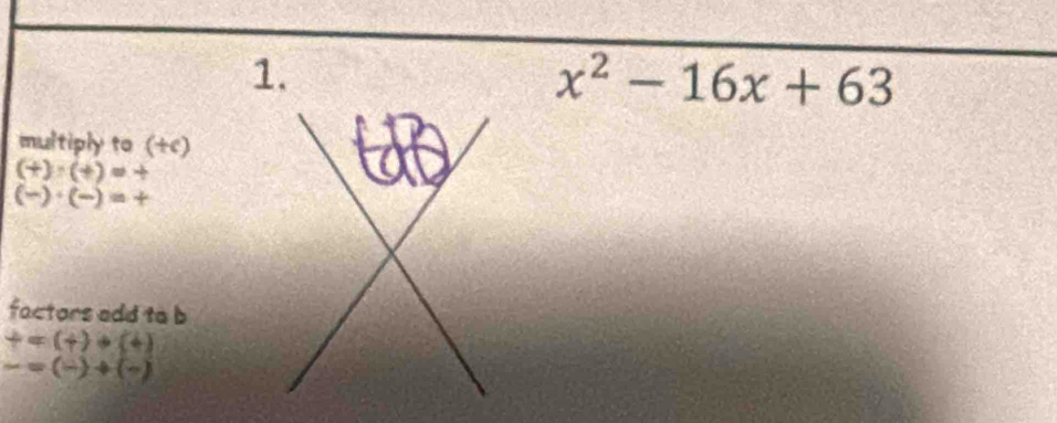 x^2-16x+63
multiply to (+c)
(t)· (t)=+
(-)· (-)=+
factors add to b
t=(t)+(t)
-=(-)+(-)