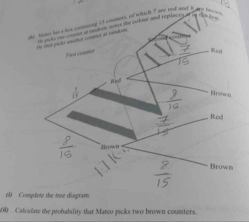 counters, of which 7 are red and 8 are brown
He picks one counter at random, notes the colour and replaces it in the box
(i) Complete the tree diagram.
(ii) Calculate the probability that Mateo picks two brown counters.