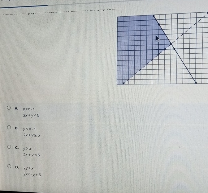 A. y>x-1
2x+y<5</tex>
B. y
2x+y≥ 5
C. y>x-1
2x+y≤ 5
D. 2y>x
2x
