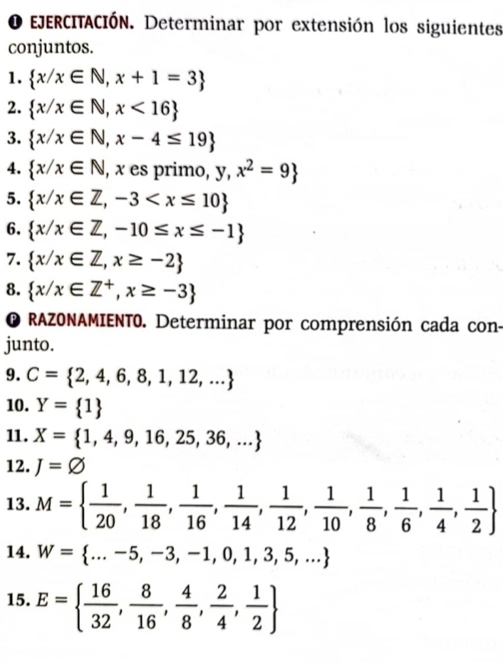 EJERCITACIÓN. Determinar por extensión los siguientes 
conjuntos. 
1.  x/x∈ N,x+1=3
2.  x/x∈ N,x<16
3.  x/x∈ N,x-4≤ 19
4.  x/x∈ N , x es primo, y, x^2=9
5.  x/x∈ Z,-3
6.  x/x∈ Z,-10≤ x≤ -1
7.  x/x∈ Z,x≥ -2
8.  x/x∈ Z^+, x≥ -3
® RAZONAMIENTO. Determinar por comprensión cada con- 
junto. 
9. C= 2,4,6,8,1,12,...
10. Y= 1
11. X= 1,4,9,16,25,36,...
12. J=varnothing
13. M=  1/20 , 1/18 , 1/16 , 1/14 , 1/12 , 1/10 , 1/8 , 1/6 , 1/4 , 1/2 
14. W= ...-5,-3,-1,0,1,3,5,...
15. E=  16/32 , 8/16 , 4/8 , 2/4 , 1/2 