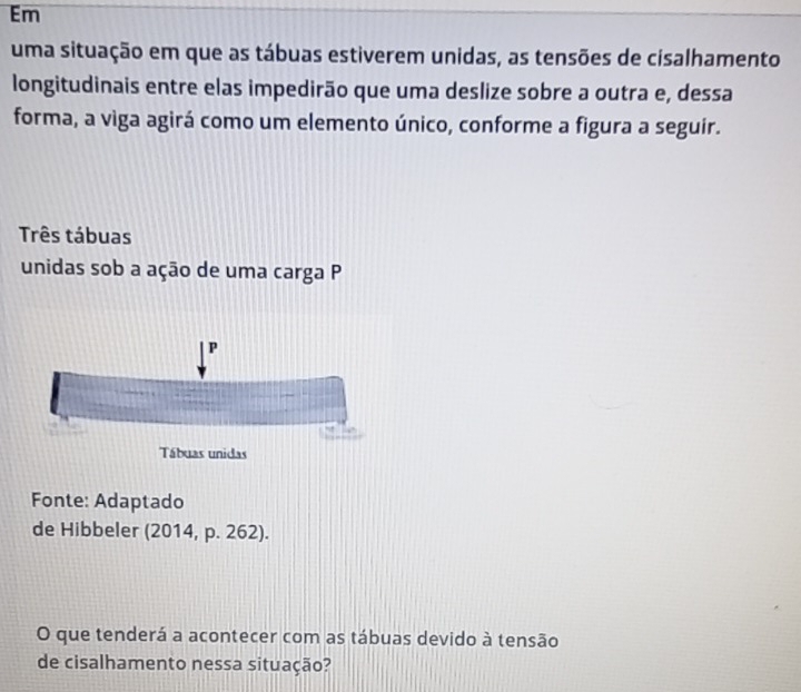 Em 
uma situação em que as tábuas estiverem unidas, as tensões de cisalhamento 
longitudinais entre elas impedirão que uma deslize sobre a outra e, dessa 
forma, a viga agirá como um elemento único, conforme a figura a seguir. 
Três tábuas 
unidas sob a ação de uma carga P 
P 
Tábuas unidas 
Fonte: Adaptado 
de Hibbeler (2014, p. 262). 
O que tenderá a acontecer com as tábuas devido à tensão 
de cisalhamento nessa situação?