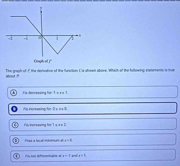 The graph of f the derivative of the function f, is shown above. Which of the following statements is true
about f?
A fis decreasing for -1≤ x≤ 1.
B f is increasing for -2≤ x≤ 0.
f is increasing for 1≤ x≤ 2.
D fhas a local minimum at x=0.
E is not differentiable at x=-1 and x=1.