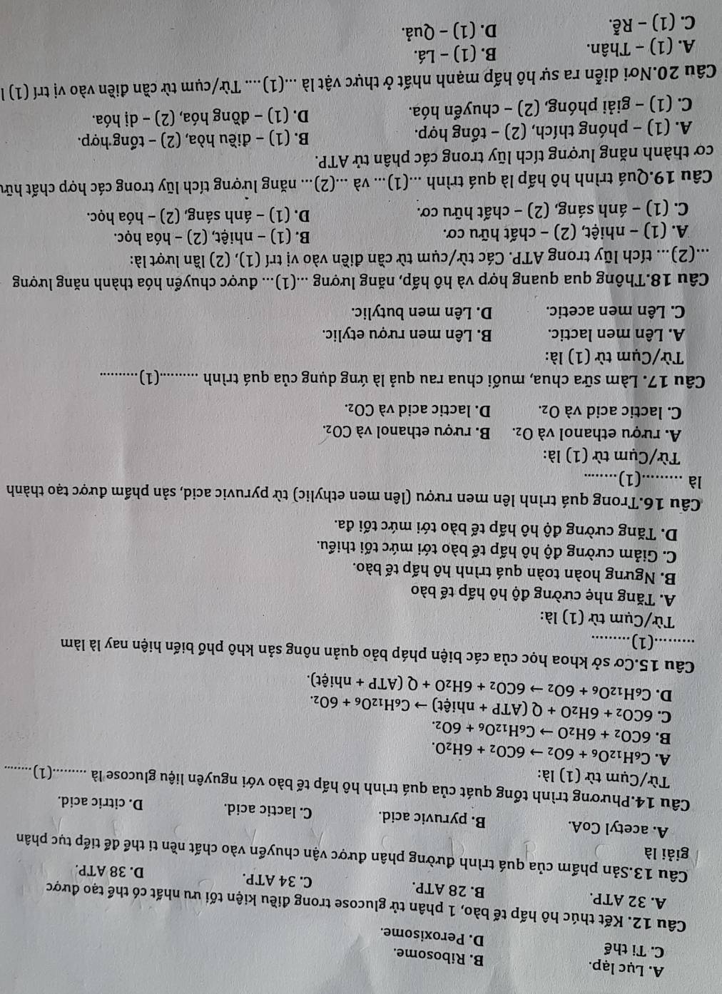 A. Lục lạp. B. Ribosome.
C. Ti thể D. Peroxisome.
Câu 12. Kết thúc hô hấp tế bào, 1 phân tử glucose trong điều kiện tối ưu nhất có thể tạo được
A. 32 ATP. B. 28 ATP. C. 34 ATP. D. 38 ATP.
Câu 13.Sản phẩm của quá trình đường phân được vận chuyển vào chất nền ti thể để tiếp tục phân
giải là
A. acetyl CoA. B. pyruvic acid. C. lactic acid.
D. citric acid.
Câu 14.Phương trình tổng quát của quá trình hô hấp tế bào với nguyên liệu glucosse là ............(1).........
Từ/Cụm từ (1) là:
A.
B. C_6H_12O_6+6O_2to 6CO_2+6H_2O.
6CO_2+6H_2Oto C_6H_12O_6+6O_2.
C. 6CO_2+6H_2O+Q(ATP+nhiet)to C_6H_12O_6+6O_2.
D. C_6H_12O_6+6O_2to 6CO_2+6H_2O+Q(ATP+nhihat et).
_Câu 15.Cơ sở khoa học của các biện pháp bảo quản nông sản khô phổ biến hiện nay là làm
.........(1).........
Từ/Cụm từ (1) là:
A. Tăng nhẹ cường độ hô hấp tế bào
B. Ngưng hoàn toàn quá trình hô hấp tế bào.
C. Giảm cường độ hô hấp tế bào tới mức tối thiểu.
D. Tăng cường độ hô hấp tế bào tới mức tối đa.
Cầu 16.Trong quá trình lên men rượu (lên men ethylic) từ pyruvic acid, sản phẩm được tạo thành
là .........(1)........
Từ/Cụm từ (1) là:
A. rượu ethanol và O_2. B. rượu ethanol và CO_2.
C. lactic acid và O_2. D. lactic acid và CO2.
Câu 17. Làm sữa chua, muối chua rau quả là ứng dụng của quá trình ............(1)_ ........
Từ/Cụm từ (1) là:
A. Lên men lactic. B. Lên men rượu etylic.
C. Lên men acetic. D. Lên men butylic.
Câu 18.Thông qua quang hợp và hô hấp, năng lượng ...(1)... được chuyển hóa thành năng lượng
...(2)... tích lũy trong ATP. Các từ/cụm từ cần điền vào vị trí (1), (2) lần lượt là:
A. (1) - nhiệt, (2) - chất hữu cơ. B. (1) - nhiệt, (2) - hóa học.
C. (1) - ánh sáng, (2) - chất hữu cơ. D. (1) - ánh sáng, (2) - hóa học.
Câu 19.Quá trình hô hấp là quá trình ...(1)... và ...(2)... năng lượng tích lũy trong các hợp chất hữu
cơ thành năng lượng tích lũy trong các phân tử ATP.
A. (1) - phóng thích, (2) - tổng hợp. B. (1) - điều hòa, (2) - tổng hợp.
C. (1) - giải phóng, (2) - chuyển hóa. D. (1) - đồng hóa, (2) - dị hóa.
Câu 20.Nơi diễn ra sự hô hấp mạnh nhất ở thực vật là ...(1).... Từ/cụm từ cần điền vào vị trí (1) là
A. (1) - Thân. B. (1) - Lá.
C. (1) - Rễ. D. (1) - Quả.