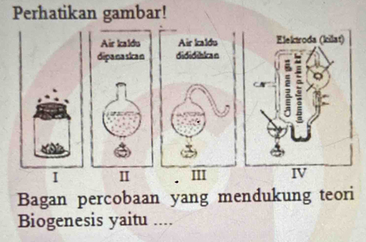 Perhatikan gambar! 
Air kaldu Air kaldu 
dipanaskan dididihkan 
I II III 
Bagan percobaan yang mendukung teori 
Biogenesis yaitu ....