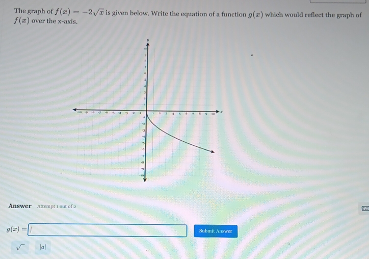 The graph of f(x)=-2sqrt(x) is given below. Write the equation of a function g(x) which would reflect the graph of
f(x) over the x-axis. 
Answer Attempt 1 out of 2 
?! 1
g(x)=□ m∠ 3 Submit Answer 
sqrt() |a|