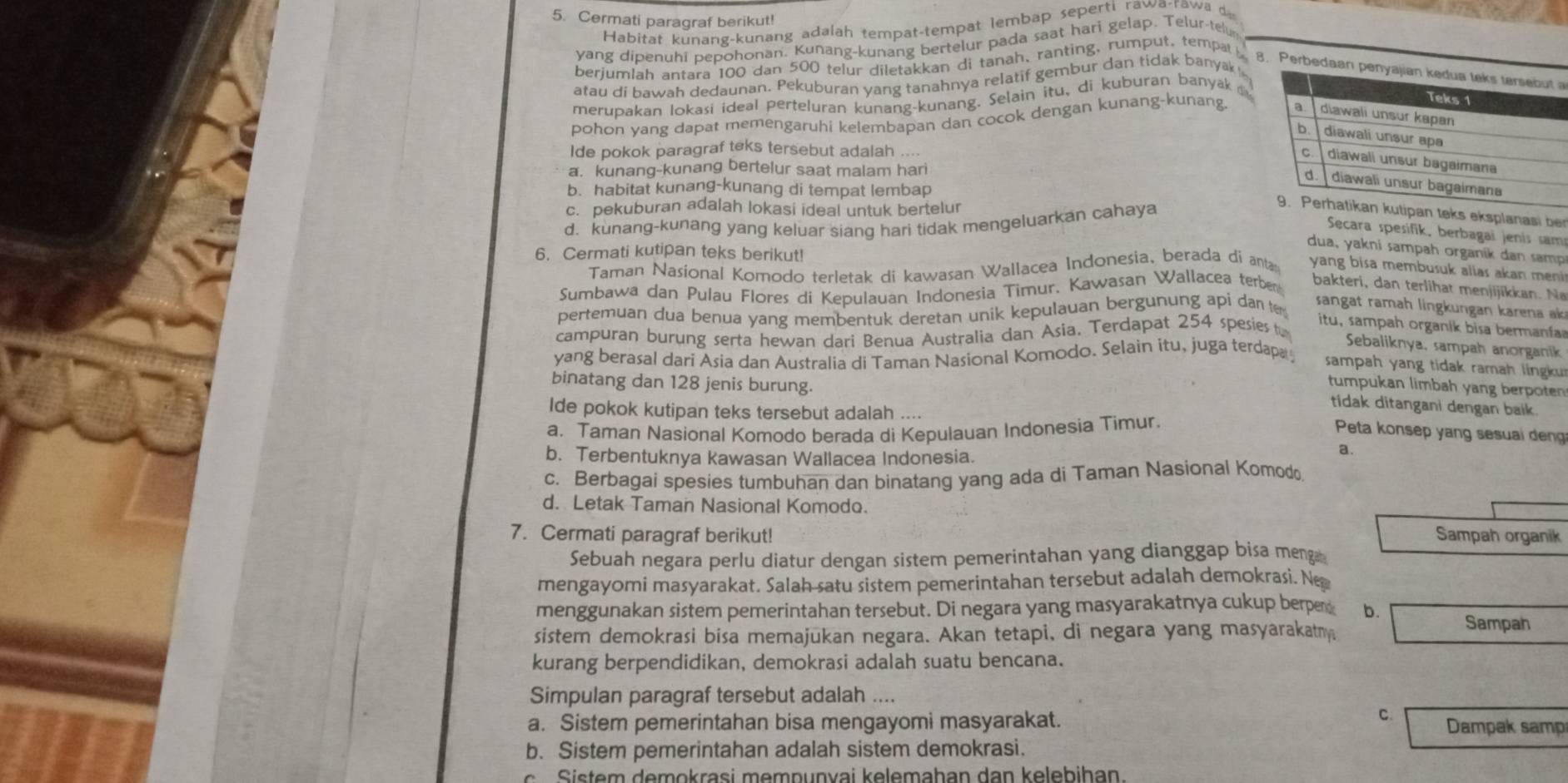 Cermati paragraf berikut!
Habitat kunang-kunang adalah tempat-tempat lembap seperti rawa-rawa d
yang dipenuhi pepohonan. Kunang-kunang bertelur pada saat hari gelap. Telur-telun
berjumlah antara 100 dan 500 telur diletakkan di tanah,ranting, rumput, tempat
8. Perbedaan pena
atau di bawah dedaunan. Pekuburan yang tanahnya relatif gembur dan tidak banyak
merupakan lokasi ideal perteluran kunang-kunang. Selain itu, di kuburan banyak 
pohon yang dapat memengaruhi kelembapan dan cocok dengan kunang-kunang
Ide pokok paragraf teks tersebut adalah
a. kunang--kunang bertelur saat malam hari
b. habitat kunang-kunang di tempat lembap
c. pekuburan adalah lokasi ideal untuk bertelur
d. kunang-kunang yang keluar siang hari tidak mengeluarkan cahaya
anasi be
Secara spesifik, berbagai jenis sam
dua, yakni sampah organik dan samp
6. Cermati kutipan teks berikut!
Taman Nasional Komodo terletak di kawasan Wallacea Indonesia, berada di anta yang bisa membusuk alias akan meni 
Sumbawa dan Pulau Flores di Kepulauan Indonesia Timur. Kawasan Wallacea terber  bakteri, dan terlihat menjijikkan. N
pertemuan dua benua yang membentuk deretan unik kepulauan bergunung api dan te
sangat ramah lingkungan karena ak
campuran burung serta hewan dari Benua Australia dan Asia. Terdapat 254 spesies t
itu, sampah organik bisa bermanfa
Sebaliknya, sampah anorganik
yang berasal dari Asia dan Australia di Taman Nasional Komodo. Selain itu, juga terdapa  sampah yang tidak ramah ling u 
binatang dan 128 jenis burung.
tumpukan limbah yang berpoten
tidak ditangani dengan baik.
Ide pokok kutipan teks tersebut adalah ....
a. Taman Nasional Komodo berada di Kepulauan Indonesia Timur.
Peta konsep yang sesuai dnng
b. Terbentuknya kawasan Wallacea Indonesia.
a.
c. Berbagai spesies tumbuhan dan binatang yang ada di Taman Nasional Komodo
d. Letak Taman Nasional Komodo.
7. Cermati paragraf berikut! Sampah organik
Sebuah negara perlu diatur dengan sistem pemerintahan yang dianggap bisa menga
mengayomi masyarakat. Salah satu sistem pemerintahan tersebut adalah demokrasi. Ne
menggunakan sistem pemerintahan tersebut. Di negara yang masyarakatnya cukup berpe b. Sampah
sistem demokrasi bisa memajukan negara. Akan tetapi, di negara yang masyarakatmy
kurang berpendidikan, demokrasi adalah suatu bencana.
Simpulan paragraf tersebut adalah ....
C.
a. Sistem pemerintahan bisa mengayomi masyarakat. Dampak samp
b. Sistem pemerintahan adalah sistem demokrasi.
is tem dem o rasi  mem pun vai k elemahan dan k eleb ihan