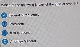 Which of the following is part of the judicial branch?
federal bureaucracy
B President
C district courts
D Attorney General