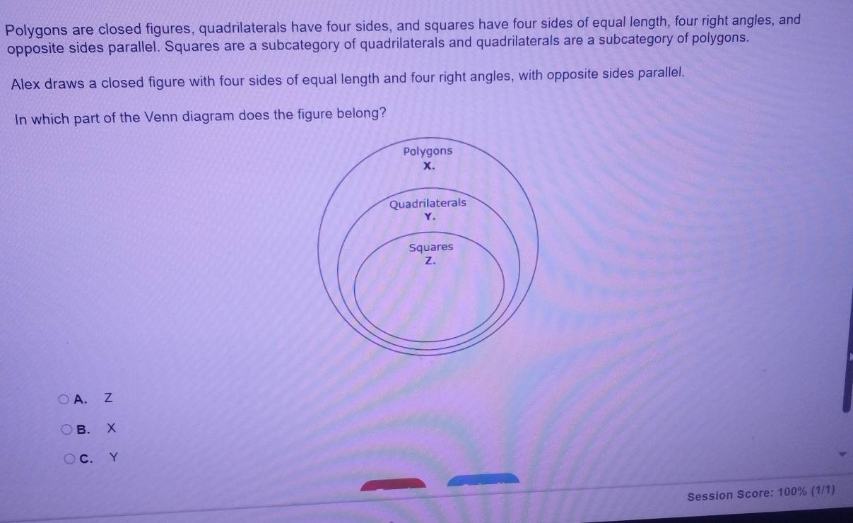 Polygons are closed figures, quadrilaterals have four sides, and squares have four sides of equal length, four right angles, and
opposite sides parallel. Squares are a subcategory of quadrilaterals and quadrilaterals are a subcategory of polygons.
Alex draws a closed figure with four sides of equal length and four right angles, with opposite sides parallel.
In which part of the Venn diagram does the figure belong?
A. Z
B. X
C. Y
Session Score: 100% (1/1)