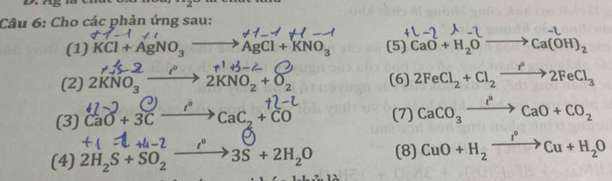 Cho các phản ứng sau: 
(1) KCl+AgNO_3to AgCl+KNO_3 (5) CaO+H_2Oto Ca(OH)_2
(2) 2KNO_3to 2KNO_2+O_2 (6) 2FeCl_2+Cl_2xrightarrow f°2FeCl_3
t^0
(3) CaO+3Cto CaC_2+CO (7) CaCO_3xrightarrow fcaCaO+CO_2
-2t°
(4) 2H_2S+SO_2to 3S+2H_2O
(8) CuO+H_2xrightarrow t°Cu+H_2O