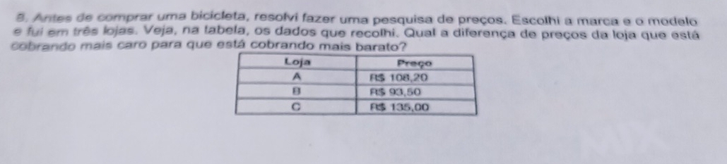 Antes de comprar uma bicicleta, resolvi fazer uma pesquisa de preços. Escolhi a marca e o modelo 
e fui em três lojas. Veja, na tabela, os dados que recolhi. Qual a diferença de preços da loja que está 
cobrando mais caro para que está cobrando mais barato?