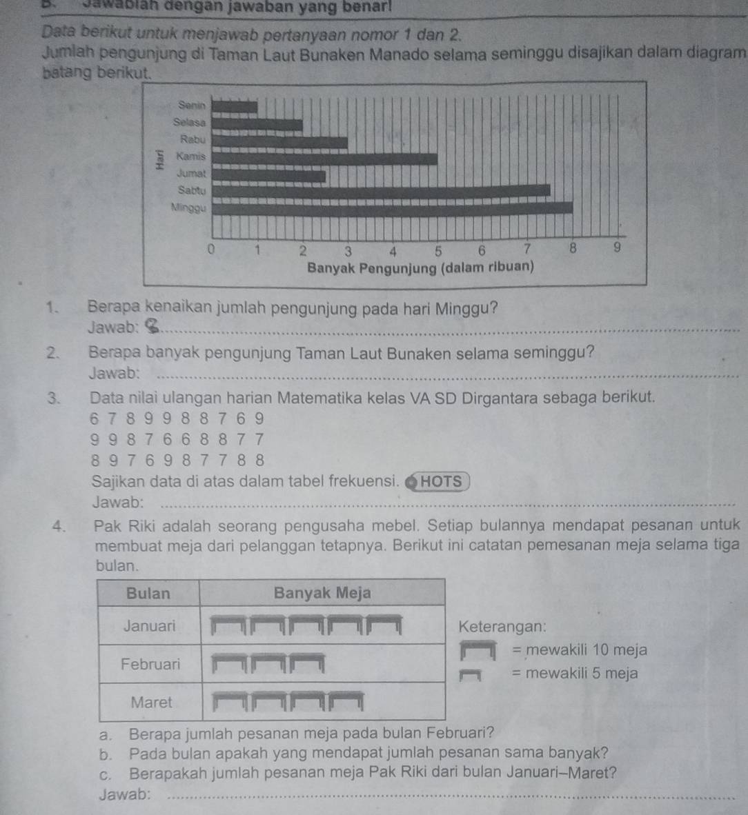 Jawabiah dengan jawaban yang benar! 
Data berikut untuk menjawab pertanyaan nomor 1 dan 2. 
Jumlah pengunjung di Taman Laut Bunaken Manado selama seminggu disajikan dalam diagram 
batang b 
1. Berapa kenaikan jumlah pengunjung pada hari Minggu? 
Jawab:_ 
2. Berapa banyak pengunjung Taman Laut Bunaken selama seminggu? 
Jawab:_ 
3. Data nilai ulangan harian Matematika kelas VA SD Dirgantara sebaga berikut.
6 7 8 9 9 8 8 7 6 9
9 9 8 7 6 6 8 8 7 7
8 9 7 6 9 8 7 7 8 8
Sajikan data di atas dalam tabel frekuensi. HOTS 
Jawab: 
_ 
4. Pak Riki adalah seorang pengusaha mebel. Setiap bulannya mendapat pesanan untuk 
membuat meja dari pelanggan tetapnya. Berikut ini catatan pemesanan meja selama tiga 
bulan. 
eterangan: 
= mewakili 10 meja 
= mewakili 5 meja 
a. Berapa jumlah pesanan meja pada bulan Februari? 
b. Pada bulan apakah yang mendapat jumlah pesanan sama banyak? 
c. Berapakah jumlah pesanan meja Pak Riki dari bulan Januari--Maret? 
Jawab:_