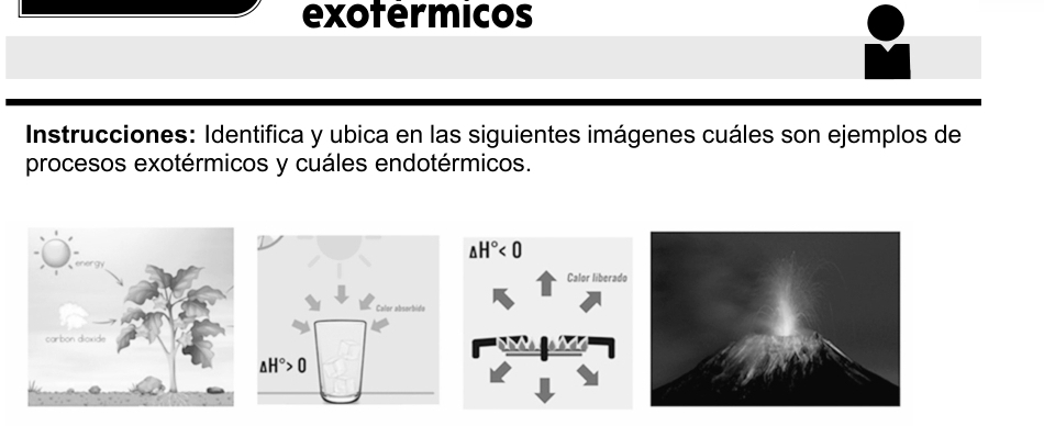 exotérmicos
* Instrucciones: Identifica y ubica en las siguientes imágenes cuáles son ejemplos de
procesos exotérmicos y cuáles endotérmicos.
△ H°<0</tex>
Calor liberado