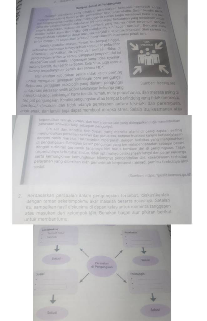 Dampak Sosial di Pengungsian
masaian mendasar yang dihadapi oinh korban bencons, termasok korbas
melehusnva Sunung Meragr adalah pemeruran kapututian utama. Dalam kondisl plnl
cas tergesa-gesa merekui pergl meninggalkan rumah tanpa merntawa peka apa pur
oeca meny m amank an di Kebutunen primer merjadi kebutunan yang mendesak uhio
gem disediakan, Kebutuean dasar manusia yang fadinya depat terpenuhi dengan
mudan setka slem dan lingkungan mendukung kini sudah beruban. Bencana alam
menyebatian kebutuhan dasar manusia menjadi sulit untuk dipenuhi. Oien karena ity.
untuk memenahi sebutuhan tersebut diperiukanian intervensi pinak lain.
Selain kebütühan makan, minum, dan tempat tinggal,
kebutuhan mendesak Iainnya adalah kebutuhan pelayarıan
kesehatan, pendidikan, air bersih dan sanitasi. Hidup di
pengungsian rentan terserang gangguan penyakit. Hal ini
disebabkan oleh kondisi lingkungan yang tidak nyaman.
kurang bersin, dan serba terbatas. Selain itu, juga karena
kurang tersedianya air bersih dan sarana MCK.
Pemenuhan kebutuhan psikis tidak kalah penting
untuk mengatasi gangguan psikologis para pengungsi.
Beberapa gargguan psikologis yang diaiami pengungs  Sumber: freesvg.org
antara lain perasaan sedih akibat kehilangan keluarga yang
mereka sayangi, kehilangan harta benda, rumah, mata pencaharian, dan merasa asing di
tempat pengungsian. Kondisi pengungsian atau tempat berlindung yang tidak memadai,
berdesak-desakan, dan tidak adanya pemisahan antara lakī-laki dan perempuan,
anak-anak, dan lansia juga dapat membuat mereka stres. Selain itu, keamanan atas
kspemilikan terak, rumah, dan harta benda lain yang ditinggalkan juga menimbulkan
perasaan khawatir bagi sebagian pengungsl.
Situasi dan kondisi kenidupan yang mereka alami di pengungsian seting
memunculkan perasaan kecewa dan putus asa, bahkan frustrasi karena ketidakjelasan
dengan nasib mereka. Hal tersebut diperparah dengan aktivitas yang menjenohkan
di pengungsian, Sebagian besar pengungsl yang bermatapencaharian sebagal petan
dengan rutinitas bercocok tanamaya kinš harus berdiam dir di pengungsian. Tidak
terpenuhinya kebutuhan hidup, tidak optimainya pelaksanaan fungsi dan peran keluarga
serta kemungkinan-kemungkinan hilangnya pengendalian diri, kekecewaan terhadap
pelayanan yang diberikan oleh pemerintah berpotensi menjadi pemicu timbulnya aksi
sosial
(Sumber: https://puslit.kemsos.go.id)
2. Berdasarkan persoalan dalam pengungsian tersebut, diskusikanlah
dengan teman sekelompokmu akar masalah beserta solusinya. Setelah
itu, sampaikan hasil diskusimu di depan kelas untuk meminta tanggapan
atau masukan dari kelompok (ain. Sunakan bagan alur pikiran berikut
untuk membantumu.