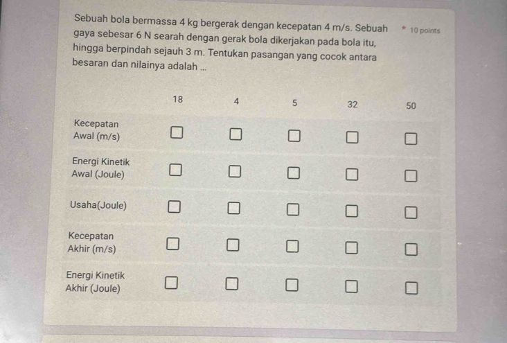 Sebuah bola bermassa 4 kg bergerak dengan kecepatan 4 m/s. Sebuah * 10 points
gaya sebesar 6 N searah dengan gerak bola dikerjakan pada bola itu,
hingga berpindah sejauh 3 m. Tentukan pasangan yang cocok antara
besaran dan nilainya adalah ...