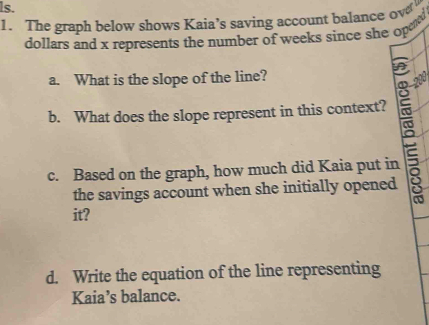 Solved: ls. 1. The graph below shows Kaia’s saving account balance ov ...
