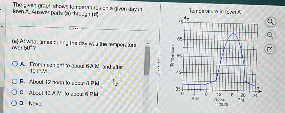 The given graph shows temperatures on a given day in Temperature in town A
town A. Answer parts (a) through (d). 
(a) At what times during the day was the temperature
over 50° ?
A. From midnight to about 6 A.M. and after :
10 P.M.
B. About 12 noon to about 8 P.M.
C. About 10 A.M. to about 6 P.M.
D. Never Hours