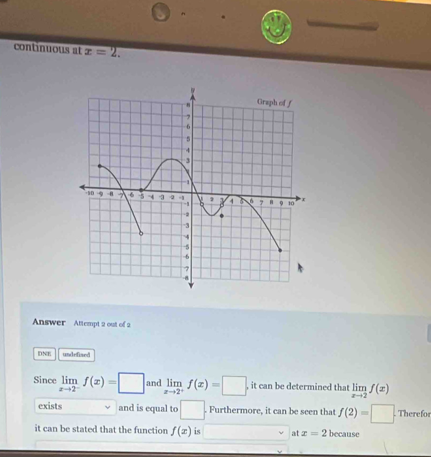 continuous at x=2. 
Answer Attempt 2 out of 2 
DNE undefined 
Since limlimits _xto 2^-f(x)=□ and limlimits _xto 2^+f(x)=□ , it can be determined that limlimits _xto 2f(x)
exists and is equal to □. Furthermore, it can be seen that f(2)=□. . Therefor 
it can be stated that the function f(x) is □  at x=2 because